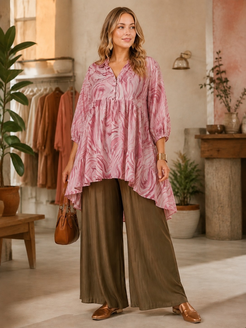 Umgee Pink Marble Print High-Low Tunic | Size Large - NWT